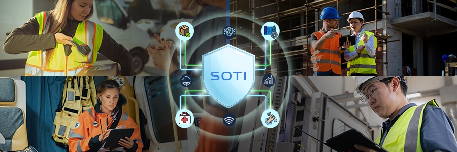 SOTI universal device management platform infographic showing remote management of rugged devices and mobile devices in logistics, construction, emergency healthcare, and manufacturing
