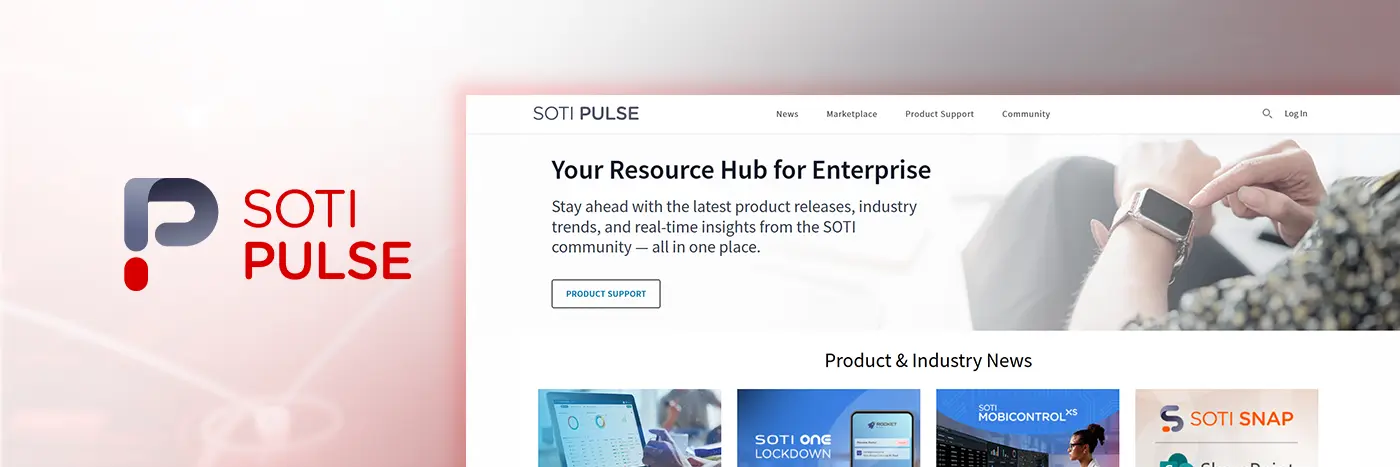 SOTI Pulse. A shopper uses a mobile phone to make a payment at a checkout counter, with icons for cloud syncing, security, and Wi‑Fi overlaid on the scene.